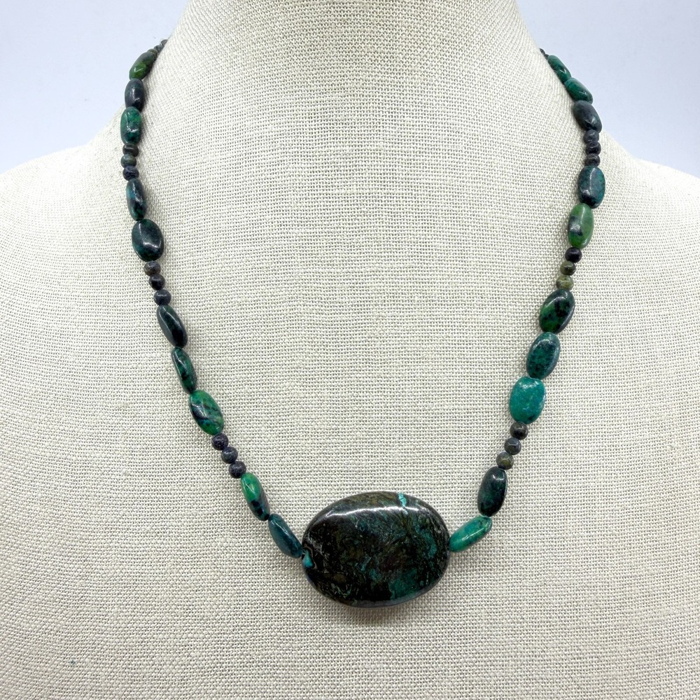 Chrysocolla Look Green Stone Beaded Necklace Large Oval Pendant Magnetic Clasp